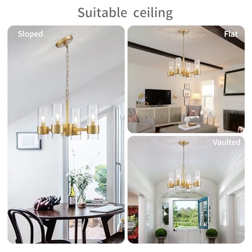 Image of WUZUPS Industrial Chandelier 4-Light with Clear Glass Modern Farmhouse Round Light Fixture for Dining Room Kithen Island Foyer, Width 16.9 inch Height 12.2 inch, Gold