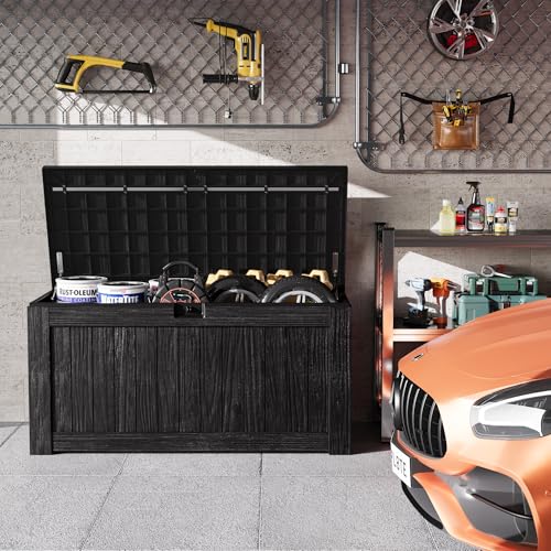 Image of Greesum Outdoor Storage Box 120 Gallon Storage Bin with Lid for Patio Furniture, Garden Tools, Pool Supplies, Lockable, Waterproof and UV Resistant, Black