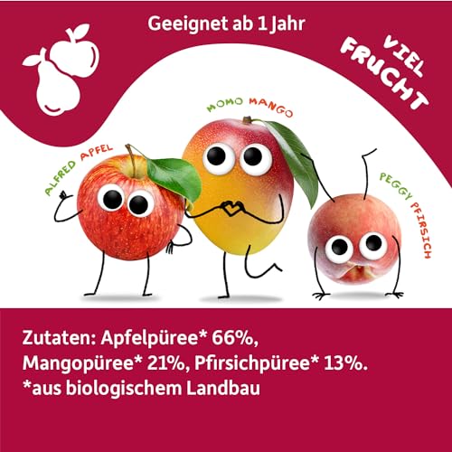 FRECHE FREUNDE Bio Quetschie Apfel, Mango & Pfirsich, Fruchtmus mit Obst im Quetschbeutel für Babys ab dem 6. Monat, vegan, 6er Pack (6 x 100g)