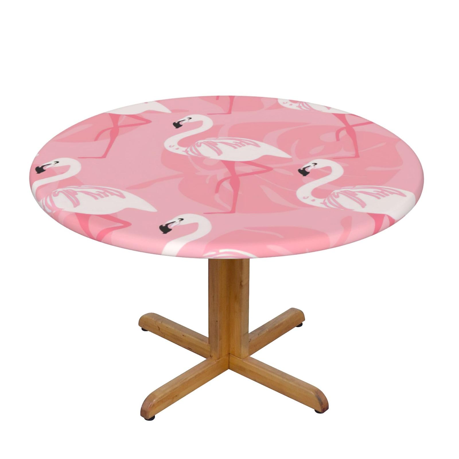 DUWAA Summer Flamingo Palm Leaves Print Oxford Fitted Table Cover For Patio Picnic, Waterproof Round Tablecloth For Home And Outdoor