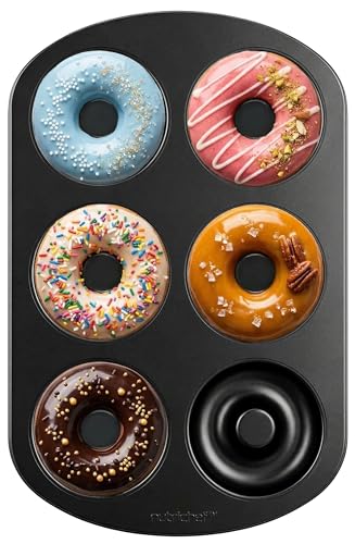 NutriChef Donut Mold | Nonstick Carbon Steel Donut Pan for Baking | 6-Cavity Tray with Bagel Mold Design | Oven Safe up to 450F | Stainless Steel 12.5 x 8.5 Inch Bakeware | Black