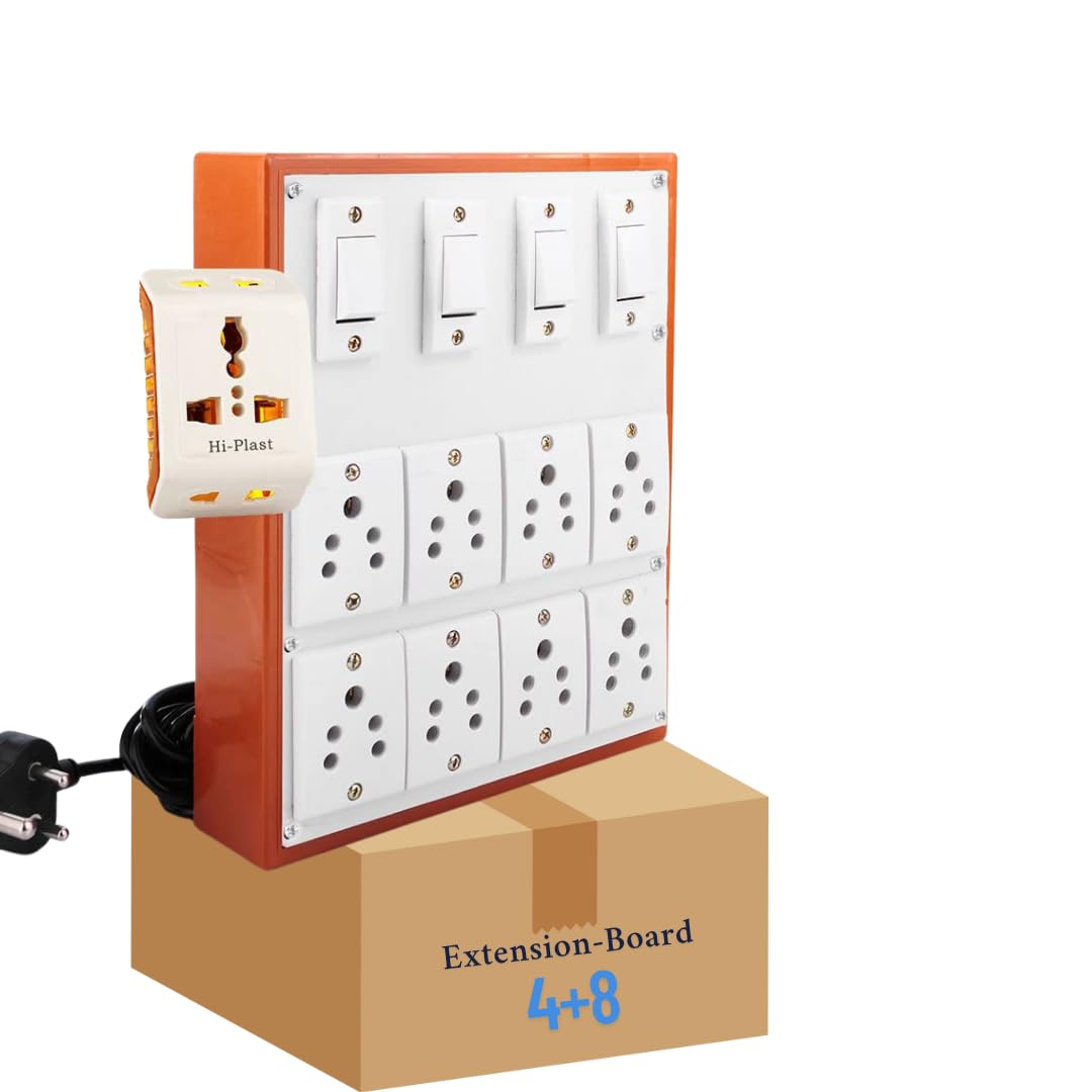 Hi-PLASST PINS N PLUGS 230 Volts 4+8 Extension Board - 8 Plug Point Power Strip Universal Multi Plug Indian Socket with 4 Meter Power Cord for Home, Office, Workshop - Brown