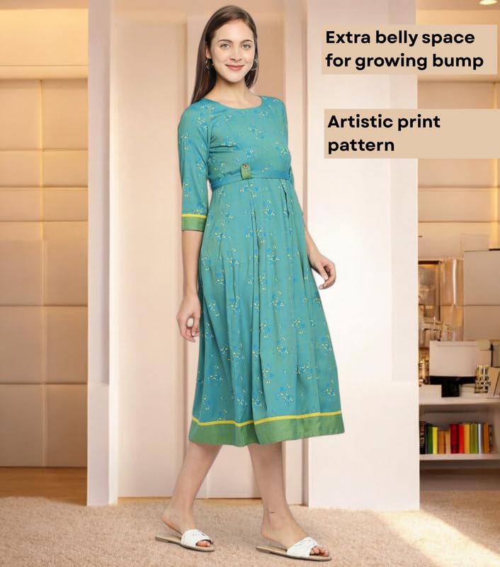 Image of DUMMY SHAPE Maternity Dresses for Women Cotton Rayon | Turquoise Printed Feeding Flare Kurta with Nursing Zippers to Breastfeeding | Pre & Post Pregnancy | Gift for Pregnant Woman (D-M-P049-XXXL)