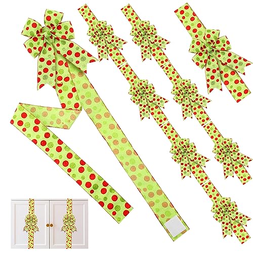 Hotop Set of 8 Christmas Cabinet Ribbon Bows with Pin Christmas Hanging Decoration Xmas Cabinet Door Bows for Kitchen Cabinets Xmas Festive Party Supplies(Polyester,Green and Red)