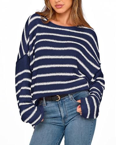 BTFBM Women's Striped Knit Sweaters 2025 Spring Fall Boat Neck Off Shoulder Long Sleeve Oversized Casual Pullover Tops