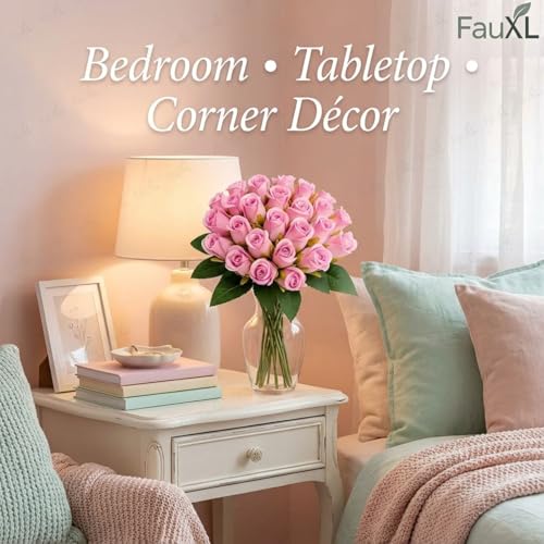 Image of Set of 24 Artificial Rose Flowers Bunches for Vase - Home Decoration Gift Items for Living Room Corner Table Top Bedroom Wedding (Pot Not Included) - 24 CM (Pink)