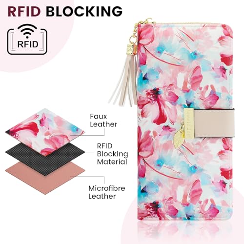 Image of Pomelo Best Womens Wallet RFID Blocking Wallet for Women Bifold Large Capacity Card Holder Ladies Long Purse with ID Window Zipper Coin Pocket Red Lotus