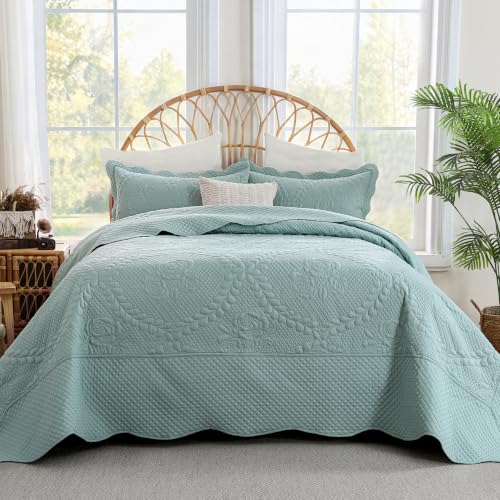 Image of EVENHUG Oversized King Bedspreads California King Quilt Set with Pillow Shams Extra Wide Large King Size Quilts Lightweight Coverlet Bedding Sets Aqua Sky 120 inchx120 inch