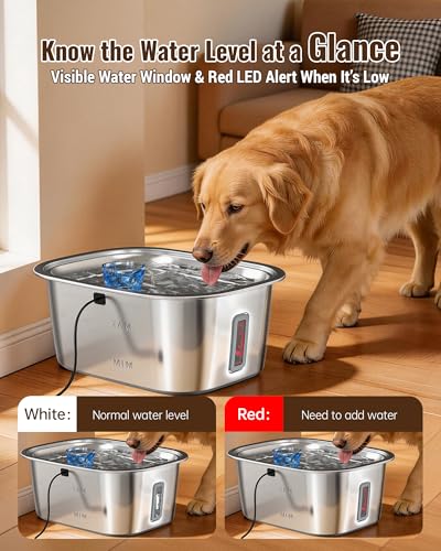 Image of PETNF 3-Gallon Stainless Steel Dog Water Fountain for Large Dogs, Dog Water Bowl Dispenser with 4 Filters, Visible Water Window, Quiet Pump & LED Low-Water Indicator