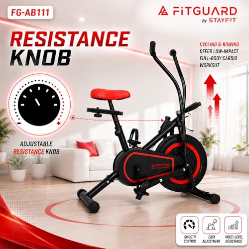 Image of FITGUARD FG-AB 111 By STAYFIT Dual Action Air Bike /Exercise Bike for Home |Gym Cycle for Workout With Adjustable Cushioned Seat | Non-Slip Pedals | Moving Handles Black Gym Bike, Max user weight 120 KG (Red, Black)