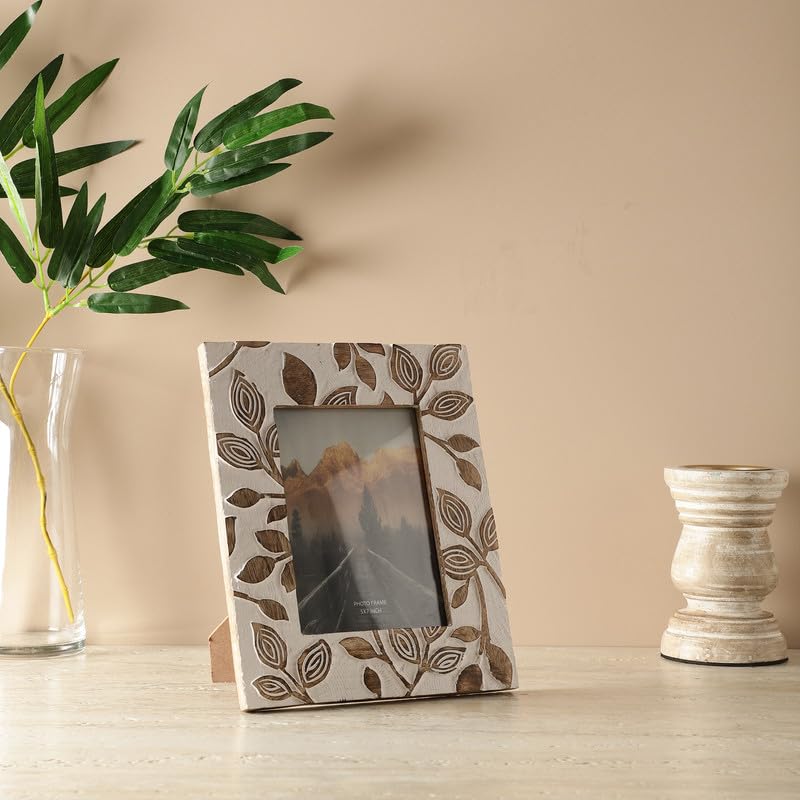 CASA INDIACASA INDIA 8X10 Photo Frame 5X7 Display Picture Farmhouse Décor Picture Frame Desk Frame Hand Carved Distressed White Frame for Office, Home, Gifting Made In India