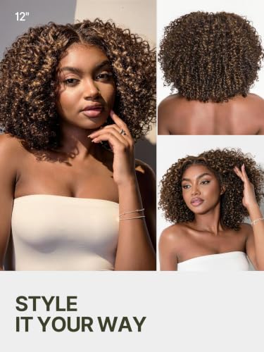Image of Veralux Fiber Blend Human Hair 200% Density Short Curly Wigs for Black Women 13X6 HD Lace Frontal Glueless Wig 12 Inches Highlight Brown Color Ready to Go Headband Wig
