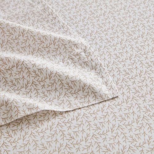 Image of Martha Stewart - King Size Sheets Set, Crisp & Tailored Cooling Sheets w /a Naturally Smooth Cotton Percale Lightweight Feel - Bed Sheets with Matching Pillowcases & Fitted Sheet (Leaves Beige)