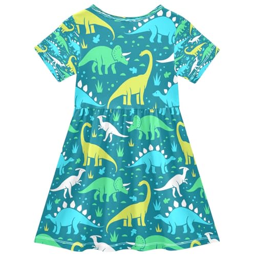 Cute Dinosaurs Girls Dress Short Sleeve Dress Girls' Summer Sundress 5-6T2
