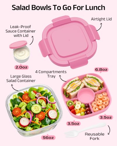 Image of Glass Salad Container,56oz Salad Bowl To Go for Lunch with Airtight Lid,Leak-Proof Sauce Container,4-Compartment Bento Tray & Reusable Fork - BPA-Free Glass Lunch Box for Meal Prep,Office（Pink）