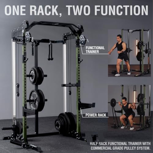 Image of Mikolo HR06 Power Cage with Aluminum Pulleys, 2000LB Power Rack with Independent Dual Pulley System, Multi-Function Home Gym Workout Machine for Cable Crossover