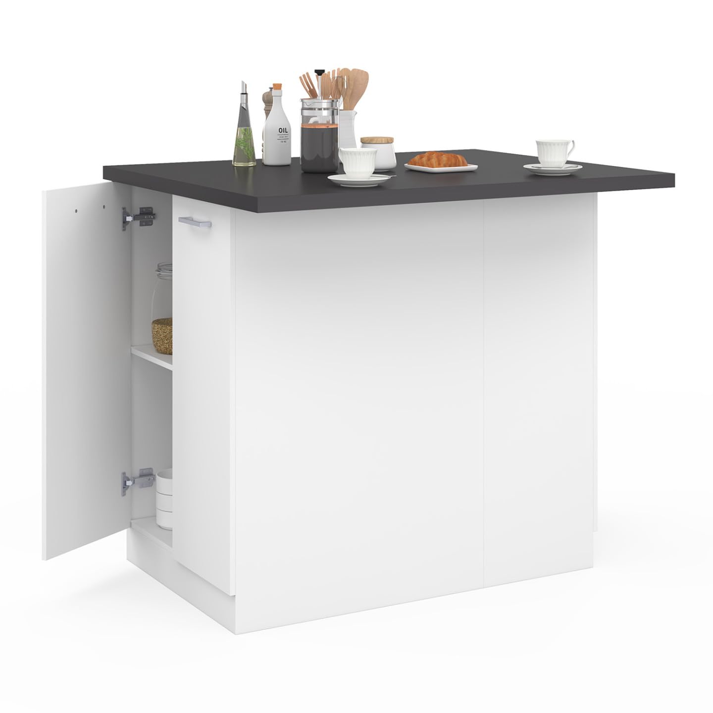 IDMarket - Ilot Central IVO 100 cm Blanc avec Plan de Travail Gris Anthracite
