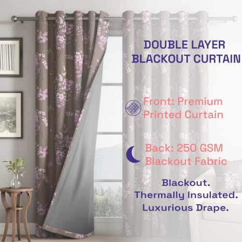Image of Wakefit Printed Blackout Long Door Curtains 9 Feet | Set of 2 | Upto 99% Room Darkening | Double Layered Fabric | Thermal Insulated & Noise Reducing Curtains for Living Room| Floral Brown