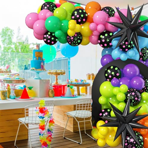 Image of Rainbow Balloon Arch Garland Kit, 137pcs Colorful Balloons whit Rainbow Star Dot Glow Dark Balloons for Dark Party Let's Glow Birthday Wedding Back to 80s 90s Disco Rock Roll Party Decoration