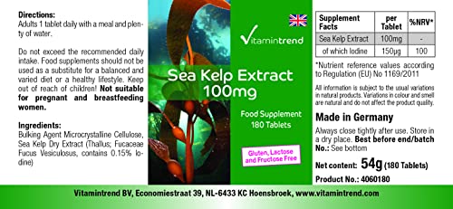 Vitamintrend Kelp Extrakt 100mg, 180 Tabletten, schluckfreundlich, natürliches Jod, Nahrungsergänzungsmittel vegan ohne Magnesiumstearat, in Deutschland hergestellt