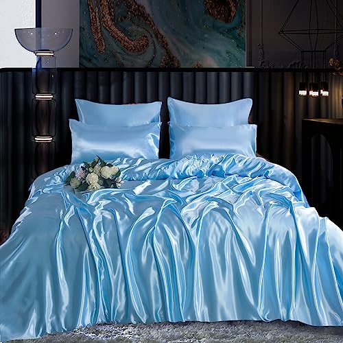 ROOEE Juego completo de ropa de cama de seda satinada, 6 piezas, sábana bajera, funda nórdica, 4 fundas de almohada. Color: Cielo, tamaño King
