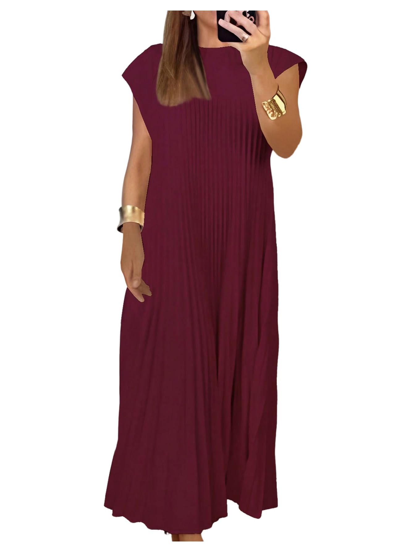 GORGLITTER Women's Pleated Flowy Chiffon Church Dresses Elegant Summer Short Sleeve Wedding Guest Maxi Dress Outfits