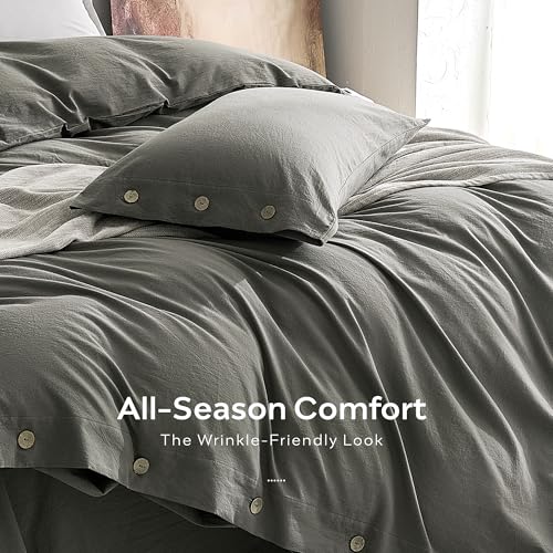 Image of JELLYMONI 100% Washed Cotton Duvet Cover King - Soft, Breathable Linen-Look Bedding with Natural Wrinkle Texture, Button Closure, 3-Piece Set (Dark Grey, 104 inchx90 inch)
