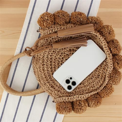 Vacation Beach Woven Bag Paper Rope Round Ball Tote Crossbody Tassel Purpose Bag4