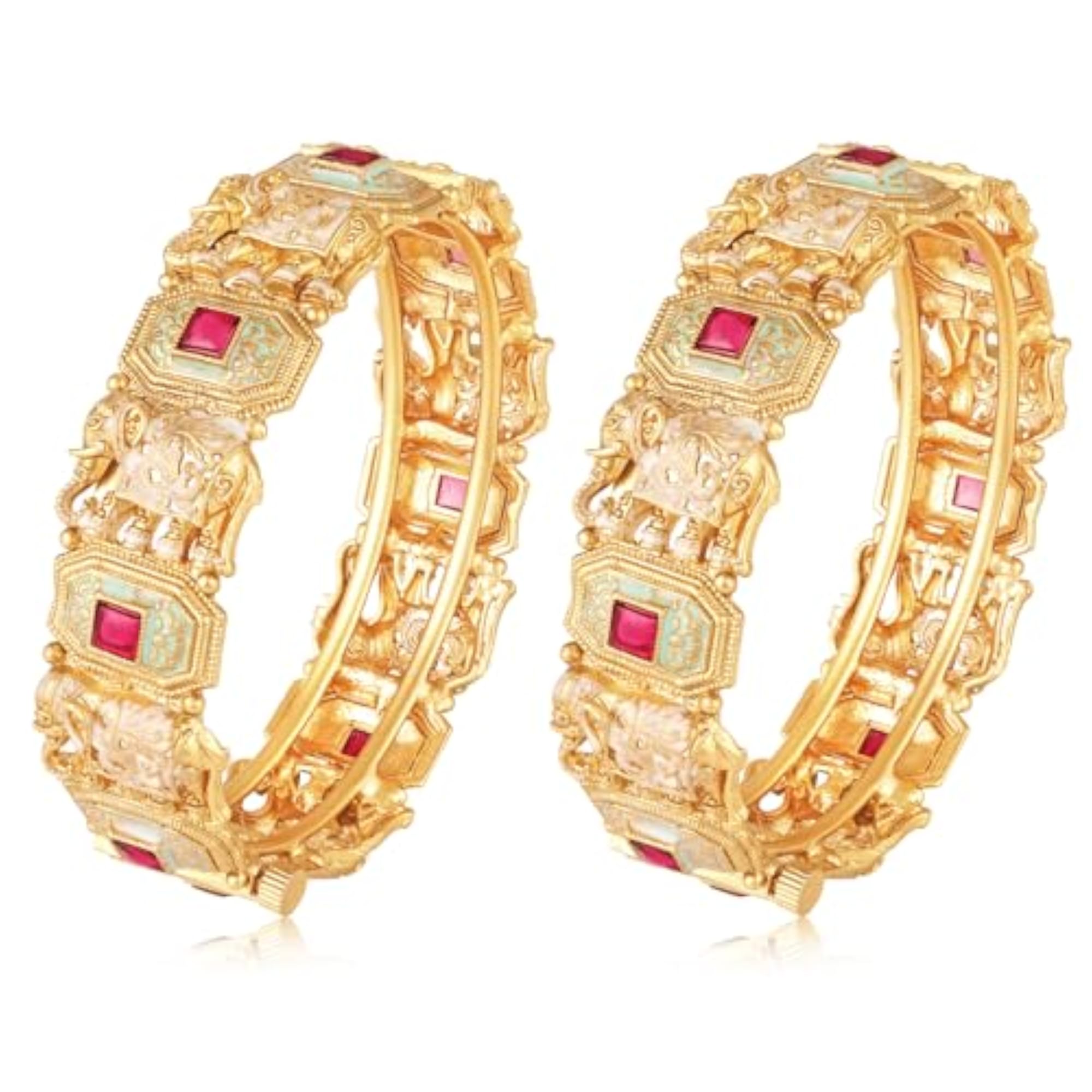 Gold Plated Faux Ruby Studded Thick Kada Bangle for Women