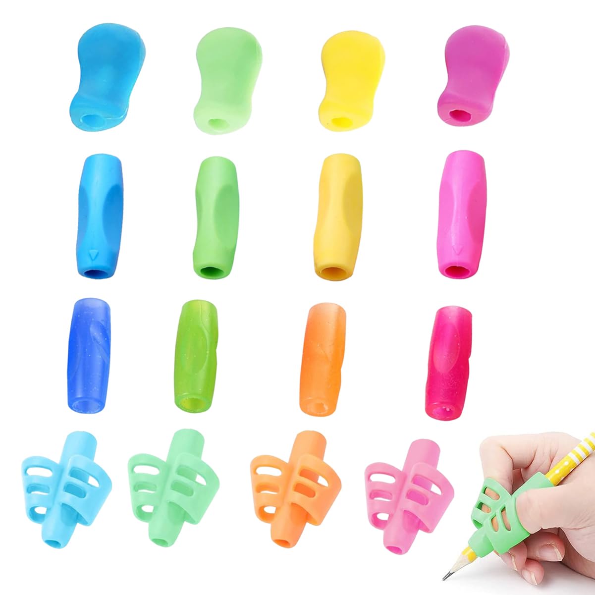Writing Aid Pencil Grips, 16 Pack Ergonomic Pen Grips with Soft Finger Cushions - Handwriting Aid for Wri-ting Improvement, Arthritis Relief & Posture Correction, Writing Aid Grip Trainer (3 Styles)
