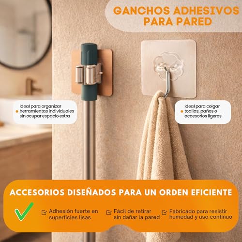 Miniatura 7 de Santtiari Pack Colgador Escobas Y Fregonas 1 Soporte Escobas Pared Adhesivo 4 Ganchos Acero Inoxidable Apto Exterior Instalación Con O Sin Taladro Incluye Adhesivo Y Tornillería Hasta 15kg
