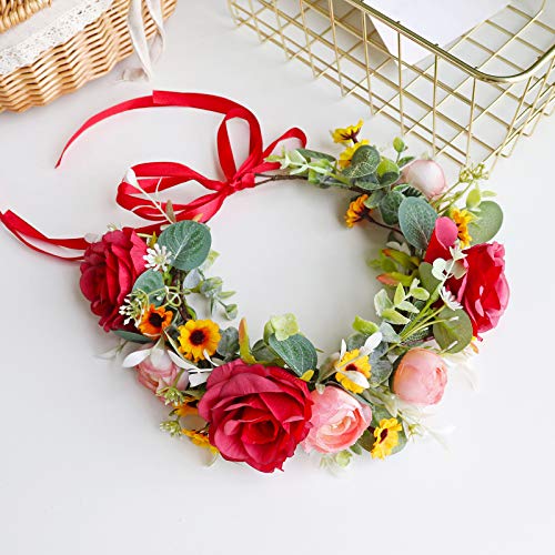 Vivivalue Women Floral Crown Flower Garland Headband Hair Wreath Floral Headpiece Halo Boho with Ribbon Wedding Party Red - Thumbnail 3