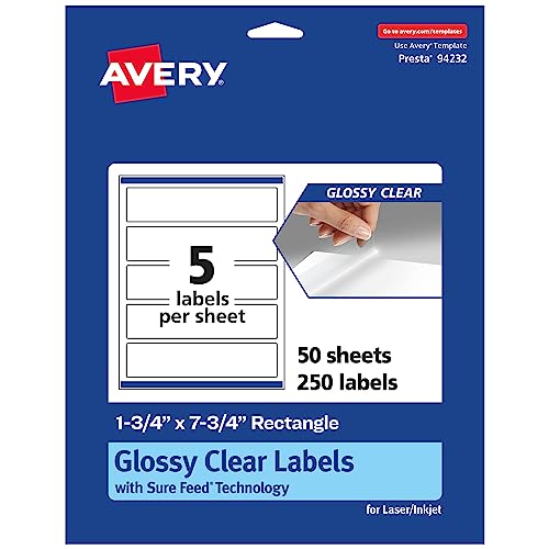 Image of Avery Glossy Clear Rectangle Labels with Sure Feed, 1.75" x 7.75", 250 Glossy Clear Labels, Print-to-The-Edge, Laser/Inkjet Printable Labels