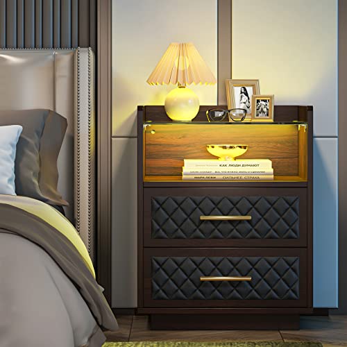 Tribesigns Nightstand With 2 Drawers, Beside Table With Led Lights And Storage Shelf, Modern Night Stand Accent End Table For Bedroom, Living Room, Walnut #TOP7