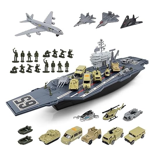 RedCrab Kit de jeu de porte-avions, modèle cuirassé militaire, jouet avec avion, hélicoptère, chars et figurines d'action pour les enfants à partir de 3 ans