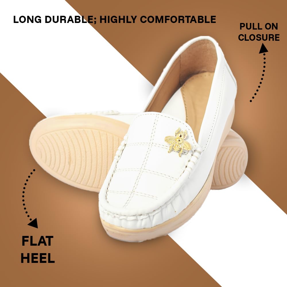 KRAFTER Women's Synthetic Leather Ankle Black Women Comfortable Slip On Flat Loafer Ballet, Casual & Formal Footwear, 5 Uk-M06-Light-White-38 2