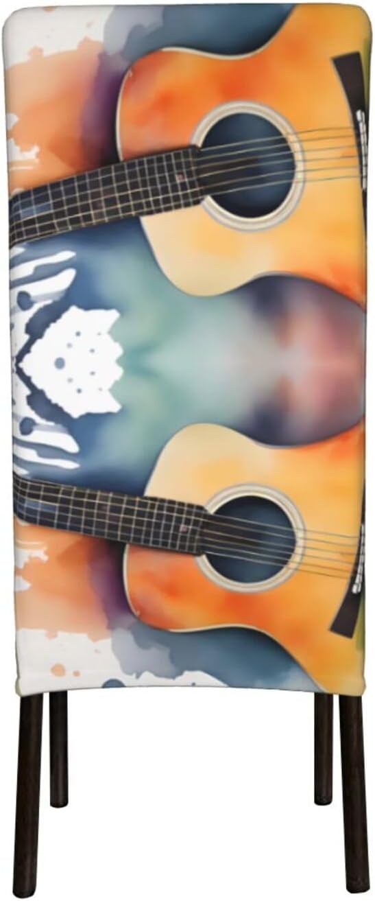 Watercolor Acoustic Guitar Prints Protection Cover for Dining Chair - Stretchable Chair Throw Covers for Dining Room, Hotel Event Party