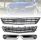 GaofeiLTF Front Bumper Grille Compatible with 2014 2015 2016 2017 2018 2019 2020 Chevy Impala LT LS LTZ Eco Sedan Chrome Upper+Lower Grill with Left Right Glossy Black Fog Light Cover