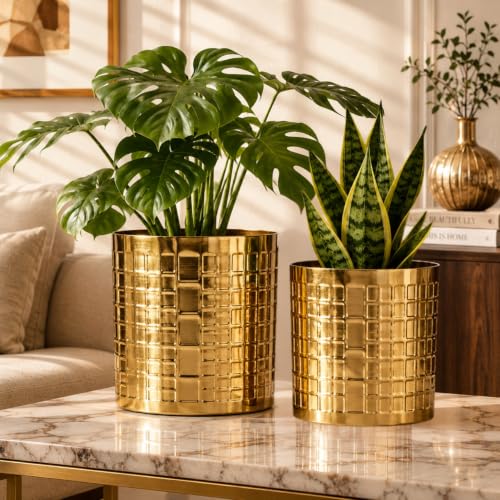 Image of ecofynd 2 Pack Metal Plant Pots (7 inch, 6 inch), Indoor Small Planter Flower Pots, Home Garden Decor Planter for Living Room Bedroom Interior (Gold Finish, POT055)