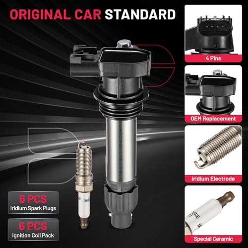Image of BDFHYK Ignition Coil Pack UF569 and Iridium Spark Plugs 41-109 Compatible with Buick Enclave LaCrosse Cadillac ATS CTS XTS SRX STS Chevy Impala Equinox Traverse Malibu GMC Terrain Acadia Set of 6
