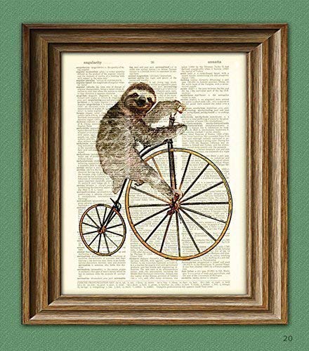 Holden the Hipster Sloth On a Penny Farthing Bicycle Dictionary Page Book Art Print