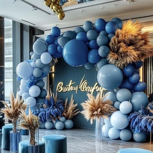 Image of Dusty Blue Balloon Arch Double Stuffed Light Dark Blue Balloons Different Size Blueberry Balloon Garland Kit for Baby Shower Birthday Wedding Bridal Graduation Party Decorations