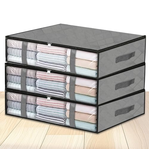 Pavlleen 3 pezzi Scatole per Armadio, 40L Contenitori Sottoletto Confezione, Scatole Pieghevoli Portavestiti con Coperchio e Maniglia, per Organizzare Camere da Letto, Armadi, Vestiti, Trapunte