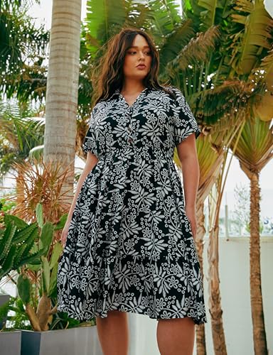 Image of CARCOS Plus Size Dresses for Curvy Women Collared Vneck Short Sleeve Dresses Midi Summer Ruffle Dress with Pocket XL-5XL