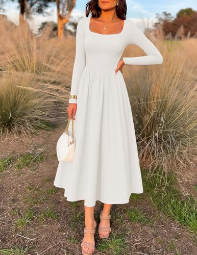 ZESICA Fall Dresses for Women 2025 Elegant Classy Square Neck Long Sleeve Flowy Wedding Guest Party Midi Dress4