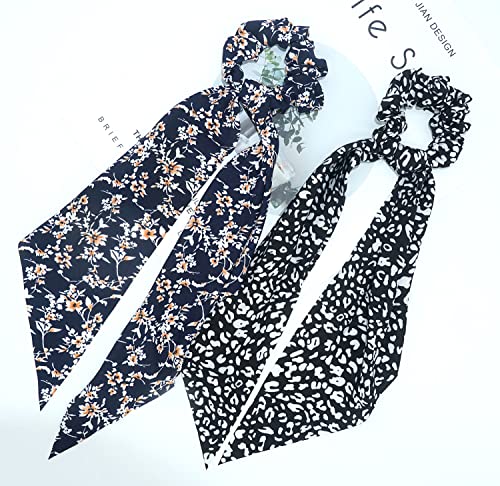 Scarf Scrunchie For Hair Black 2 In 1 Scarves Scrunchies Floral/Stripped Hair Ribbon Ties Chiffon / Silk Ponytail Holder Long Tail Bow Knotted Fashion Vintage Bandana Hair Scrunchy For Women (5Pcs) #TOP2