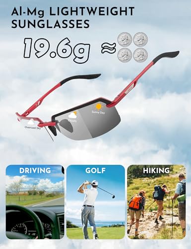 Image of BIRCEN Mens Metal Photochromic Sunglasses: UV Protection Al-Mg Sun Glasses Ultra-light Rimless Shades for Driving Cycling