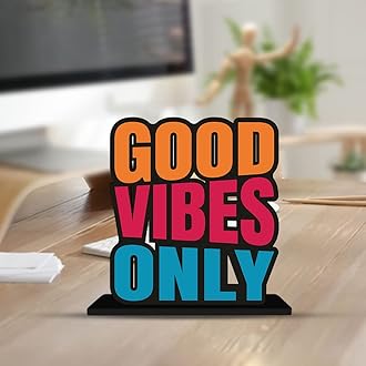 Wooden Idols and Figurine Good Vibes Only Positive Quote Table Decor for Office Desk | Home Decor Item | Living Room | Bedroom | Modern Art Wood Showpiece Decorative Gift (SP_1101)