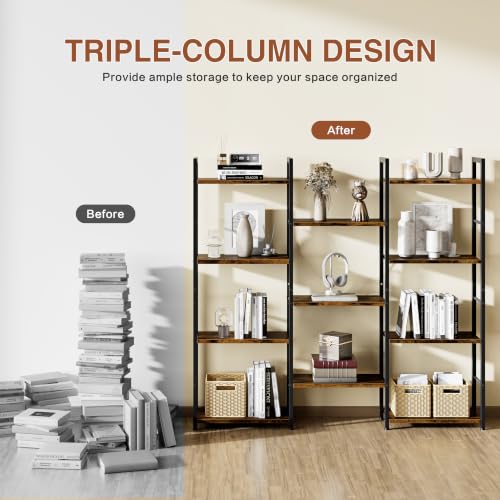 Image of Shintenchi Triple Column 4 Tier Bookshelf, Industrial Large Bookcase Display Shelves, Large Etagere Bookshelf,Wide Book Shelf Book Case for Home & Office, Rustic Brown