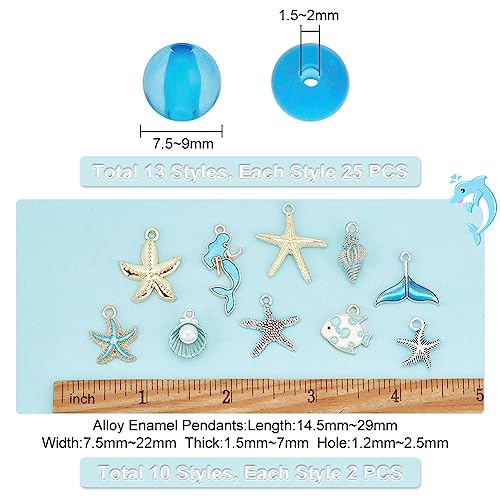 PH PandaHall 345pcs 8mm Blue Glass Beads Shell Starfish Charms Mermaid Pendants Crackle Bead Ocean Beach Beads Charms for Summer Seaside Jewellery Making Bracelets Necklaces Earring Crafts - Image 2